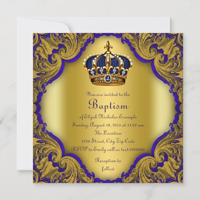 Invitation Garçons Prince héritier Baptême Royal Bleu et or (Dos)