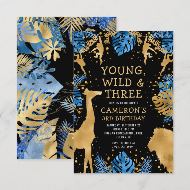 Invitation Garçons Safari 3e anniversaire fête Blue Gold Blac (Devant / Derrière)