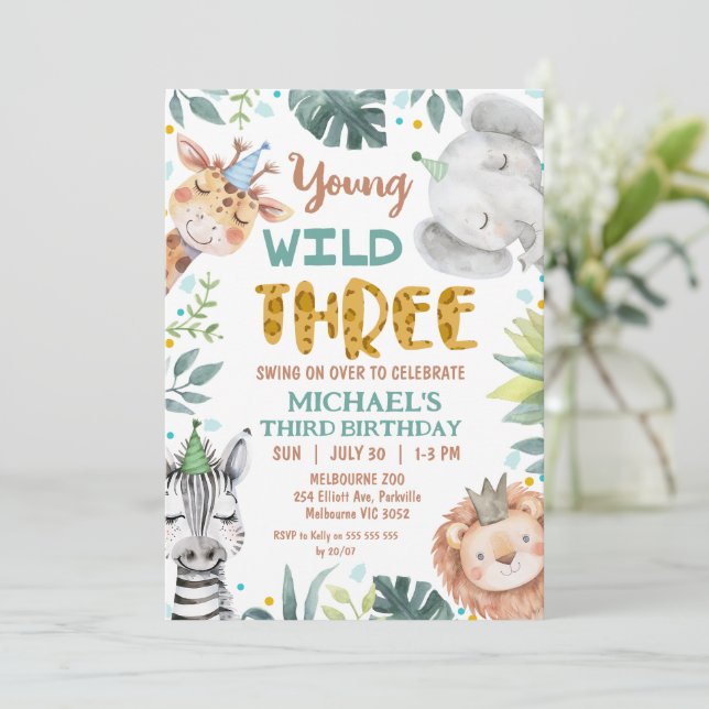 Invitation Garçons Safari Brown Jeune Wild Trois 3e anniversa (Debout devant)