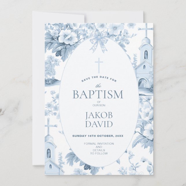 Invitation Garçons Sauvez la date, Toile Bleue Baptême Floral (Devant)