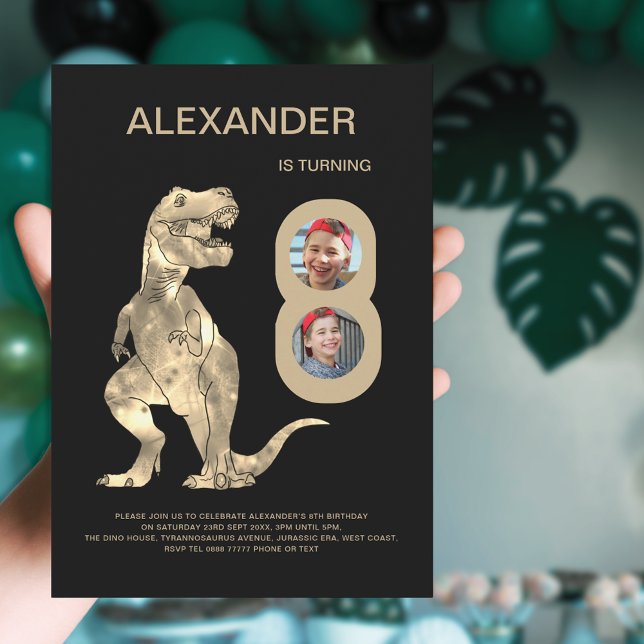 Invitation Garçons T-Rex Dino 8e anniversaire fête photo Coll (Dinosaur T-Rex boys 8th birthday party 2 photo collage invitation)