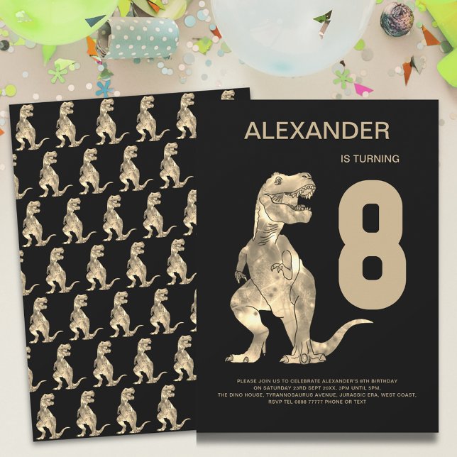 Invitation Garçons T-Rex Dino 8e fête d'anniversaire (Dinosaur T-Rex boys 8th birthday party invitation with modern typography simple dino design )