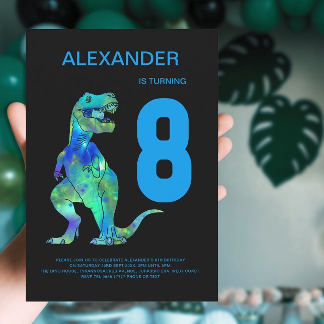 Invitation Garçons T-Rex Dinosaur 8e anniversaire Party Blue (T-Rex dino boys 8th birthday party invitation with colorful watercolor dinosaur blue typography )