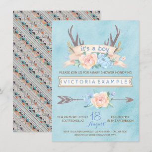 Invitation Garçons Tribal Antler Floral Baby Shower Invitatio