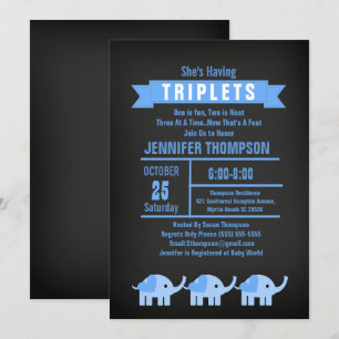 Invitation Garçons Triplet Elephant Baby shower Chalkboard