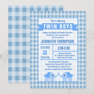 Invitation Garçons Twin Elephant Baby shower bleu En vichy