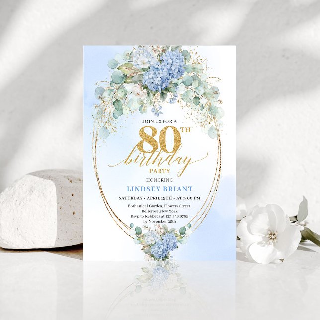 Invitation Garden Blue Hydrangea Gold 80th Birthday Invites (Garden Blue Hydrangea Gold 80th Birthday Invitation)