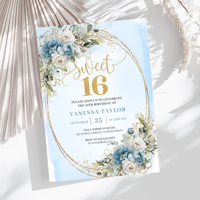 Invitation Garden Dusty Blue Floral Sweet 16th Birthday   (Garden Dusty Blue Floral Sweet 16th Birthday Invite)