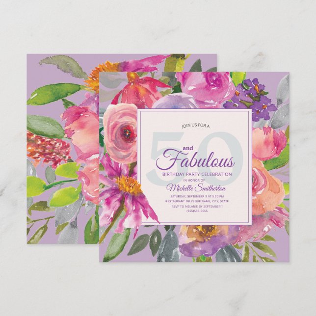 Invitation Garden Purple rose floral 50 et fabuleux (Devant / Derrière)