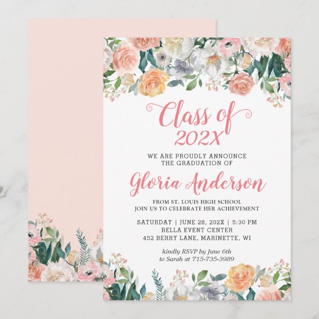 Invitation Garden Roses Floral Classe de 2022 Graduation (Devant / Derrière)