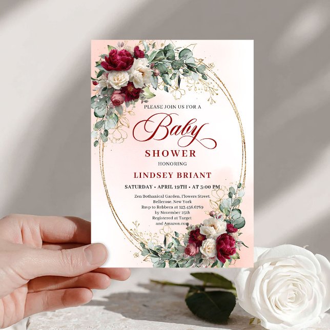 Invitation Garden Rustic Maroon Peonies Baby Shower Invitatio (Garden Rustic Maroon Peonies Baby Shower Invitation)