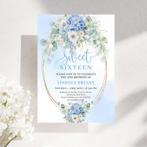 Garden Script Blue Floral Gold Sweet 16 Birthday
