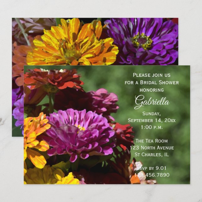 Invitation Garden Zinnia Flowers Fête des mariées (Devant / Derrière)
