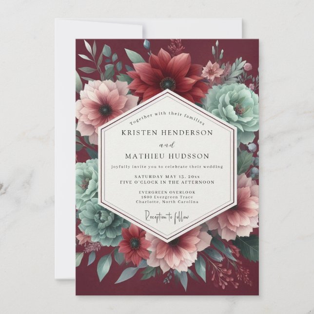 Invitation Garnet Teal Dramatic Wedding (Devant)