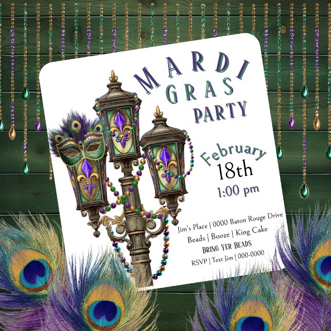 Invitation Gas Lamp | Mardi Gras Beads | Masquerade  (Gas lamp and Mardi Gras beads party invitation you can fully customize. )