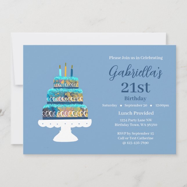 Invitation Gâteau à couche bleue 21e anniversaire personnalis (Devant)