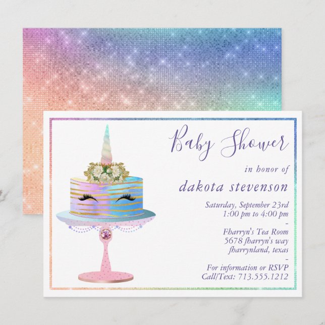 Invitation Gâteau à licorne magique | Douche aquarelle Imagin (Devant / Derrière)