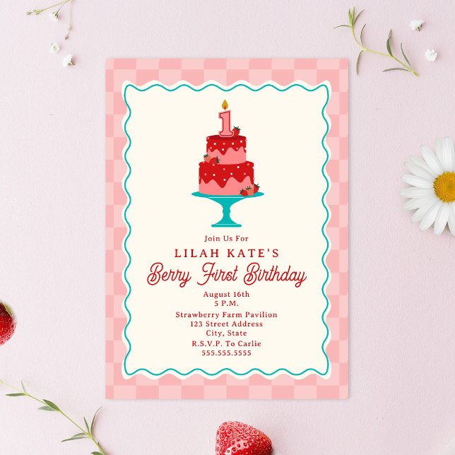 Invitation Gâteau aux fraises Berry First Birday Checkerboard (Créateur téléchargé)