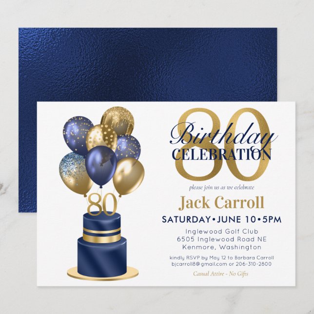 Invitation Gâteau avec ballons bleu marine pour 80e anniversa (Devant / Derrière)
