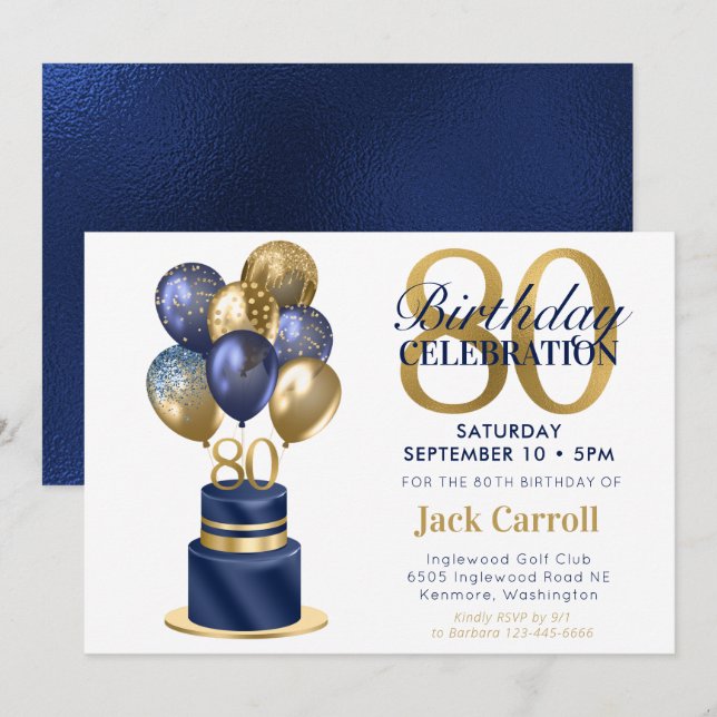 Invitation Gâteau avec ballons bleu marine pour 80e anniversa (Devant / Derrière)