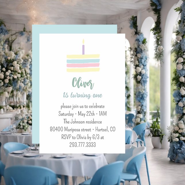 Invitation Gâteau bleu pastel 1er anniversaire fête (Créateur téléchargé)
