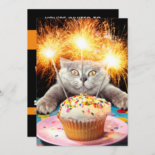 Invitation Gâteau Cupcake avec Chat et Feu d'Artifice (Devant / Derrière)