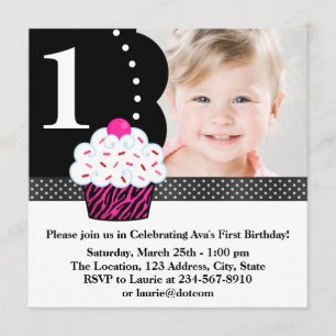 Invitation Gâteau Cupcake Fille Zèbre à pois Photo 1er Annive