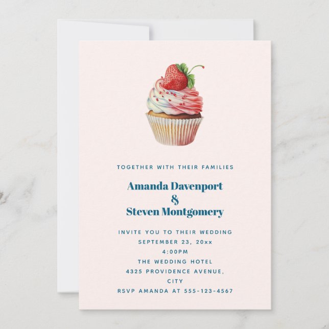 Invitation Gâteau Cupcake Sucré Mariage de Fraise (Devant)
