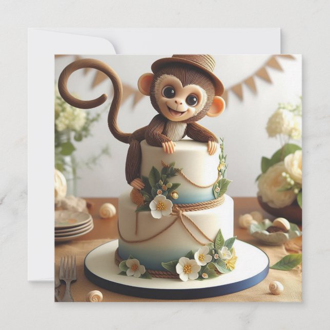 INVITATION GÂTEAU D'ANNIVERSAIRE À THÈME DE PETITS SINGES ADO (Devant)