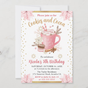 Invitation Gâteau d'anniversaire Cookies et Cacao Rose Hiver 