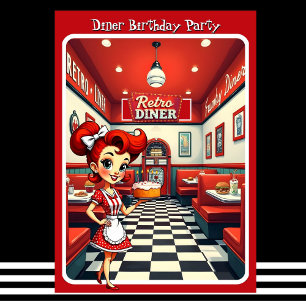 Invitation Gâteau d'anniversaire de diner rétro amusant des a