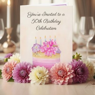 Invitation Gâteau d'anniversaire des 50 ans avec Dahlia et in