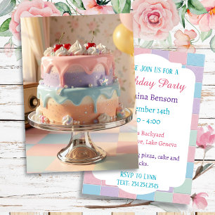 Invitation Gâteau d'anniversaire en verre pastel avec des cer