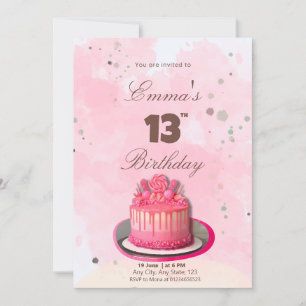 Invitation Gâteau d'anniversaire rose aquarelle