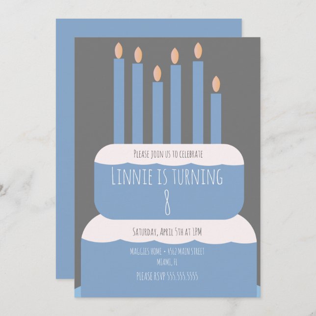 Invitation Gâteau d'anniversaire simple avec bougies de fête  (Devant / Derrière)