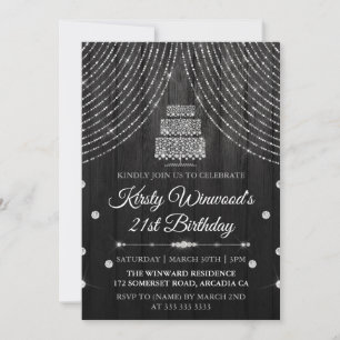 Invitation Gâteau de fête d'anniversaire diamant noir argenté