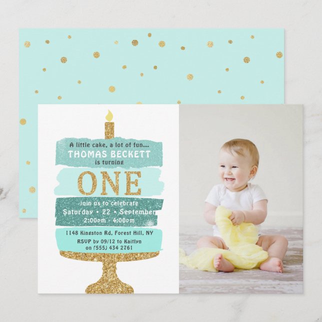 Invitation Gâteau de Parties scintillant Mint & Gold Photo 1e (Devant / Derrière)