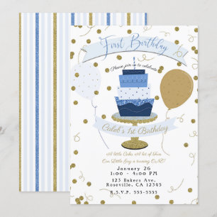 Invitation Gâteau de premier anniversaire Blue & Gold Sugar i