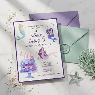 Invitation Gâteau de sirène Paillettes violettes sous la mer 