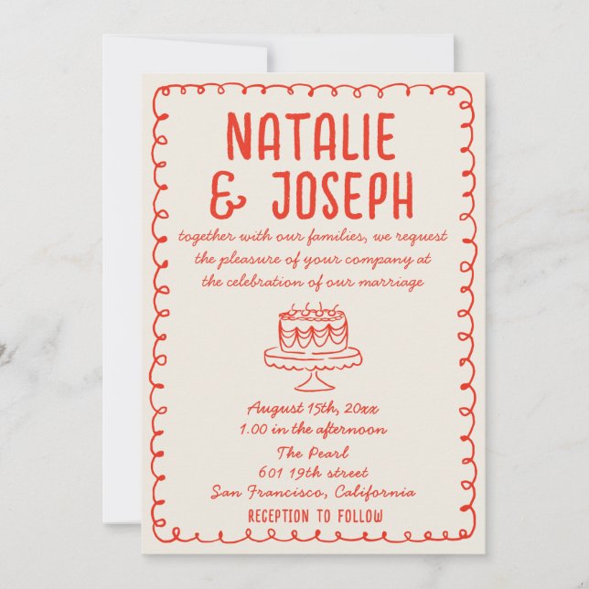 Invitation Gâteau Dessiné à la Main Rétro Funky Drôle Mariage (Devant)