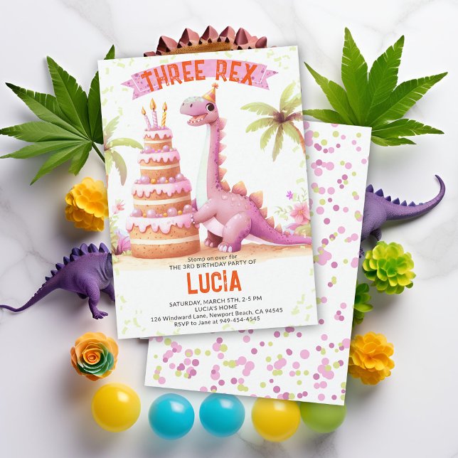 Invitation Gâteau Dinosaure Trois Rex Aquarelle Fille Anniver (dinosaur girl birthday party dino three rex 3rd funny watercolor giant cake prehistoric wild funny)