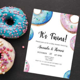 Invitation Gâteau Donuts Aquarelle Jumeaux Fille Garçon Baby