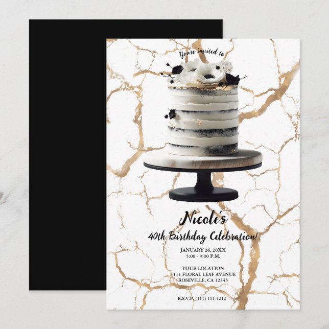 Invitation Gâteau Floral Black & White Gold Niveau Anniversai (Devant / Derrière)