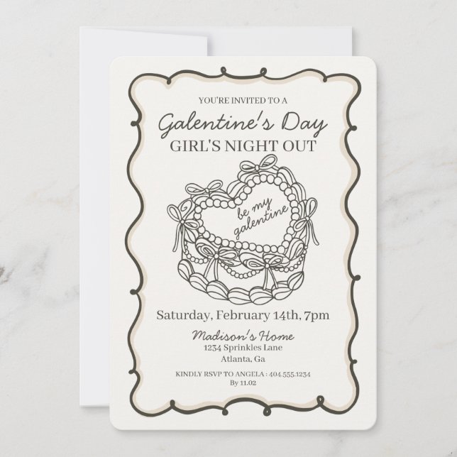 Invitation Gâteau Galentine au Coeur Rétro Beige Bow Coquette (Devant)