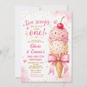 Invitation Gâteau Glacé Rose Deux Boules Anniversaire Filles