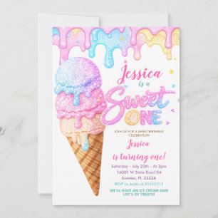 Invitation Gâteau Glacé Sweet One Pailleté Anniversaire