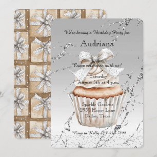 Invitation Gâteau Glitzy Argent Blanc Anniversaire Ruban