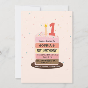 Invitation Gâteau joliment illustré sucré un 1er anniversaire