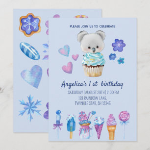 Invitation gâteau koala crème glacée Aquarelle bleue 1er anni