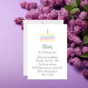 Invitation Gâteau lilas coloré pastel pour 1er anniversaire  